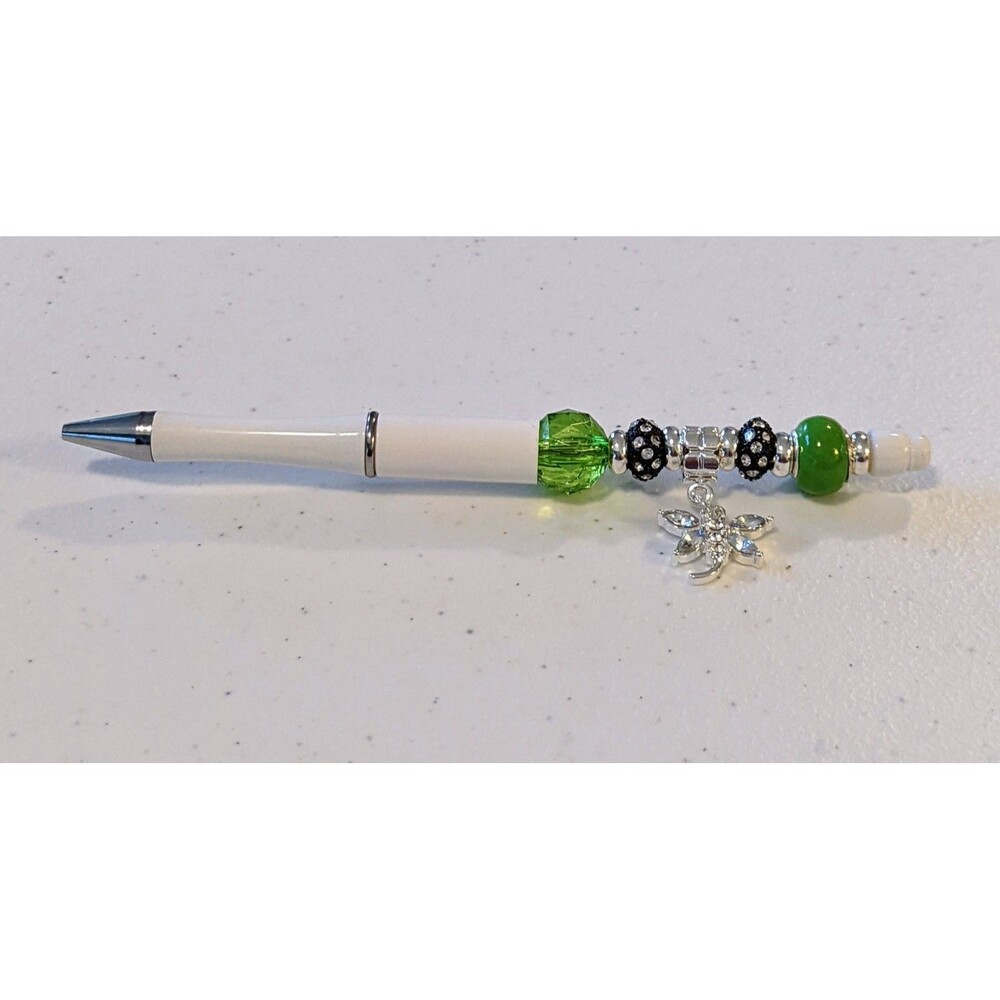 Beaded Pen - Green, Black with Dangle, Beaded, Gift Idea, NEW